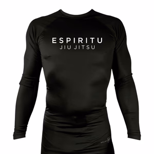 All black Espiritu Jiu-Jitsu long sleeve rash guard, front view
